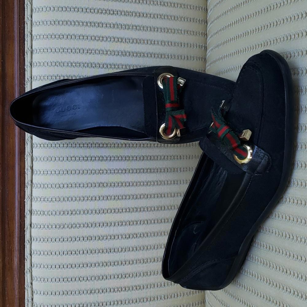 GUCCI GG WEB BLACK CANVAS LOAFERS FLATS - Picture 2 of 8